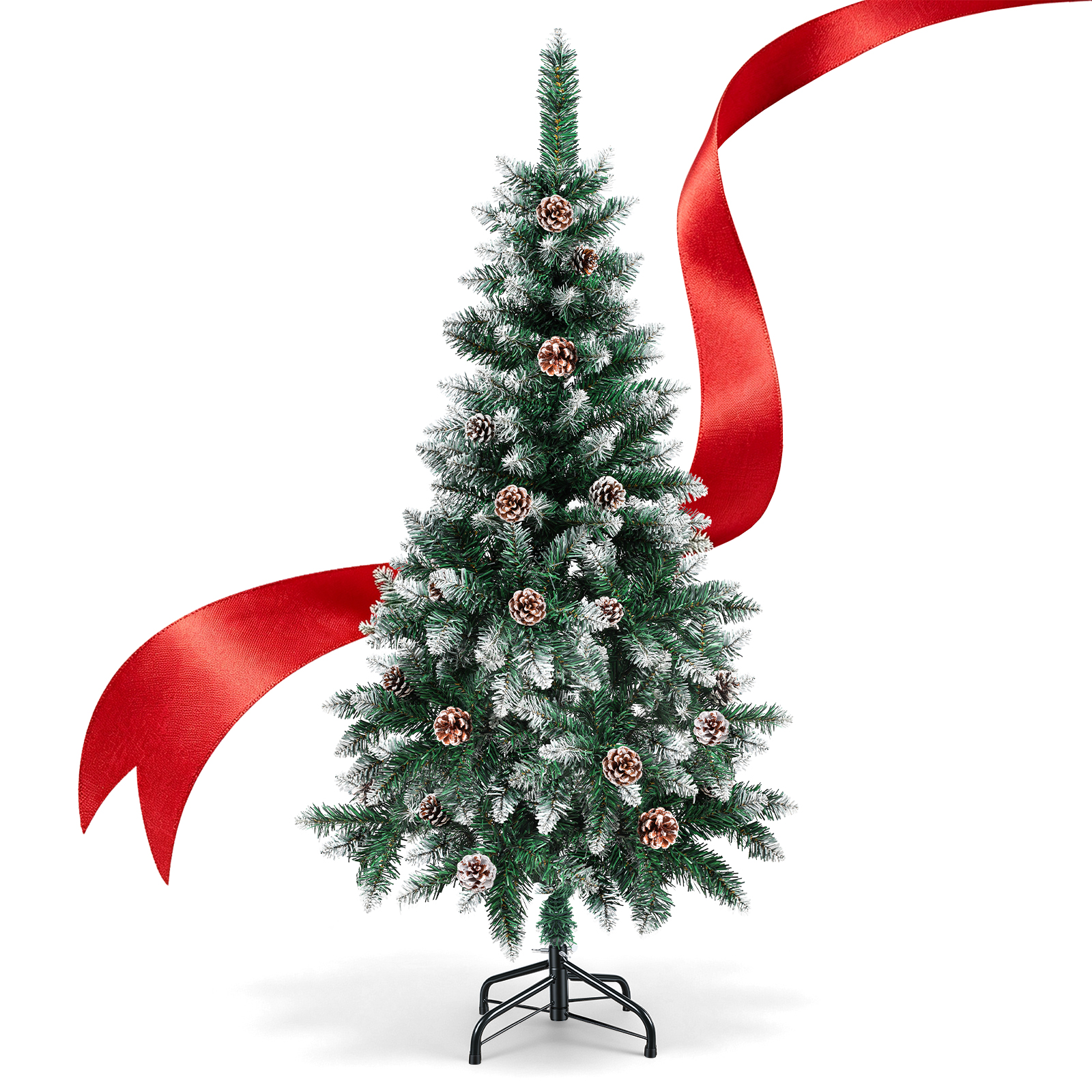 Jiubiaz 150cm Künstlicher Weihnachtsbaum Mit 300 Spitzen Pvc, Tannenbaum Mit Ständer, Christbaum Kunstbaum Mit Tannenzapfen Und Schnee Grün