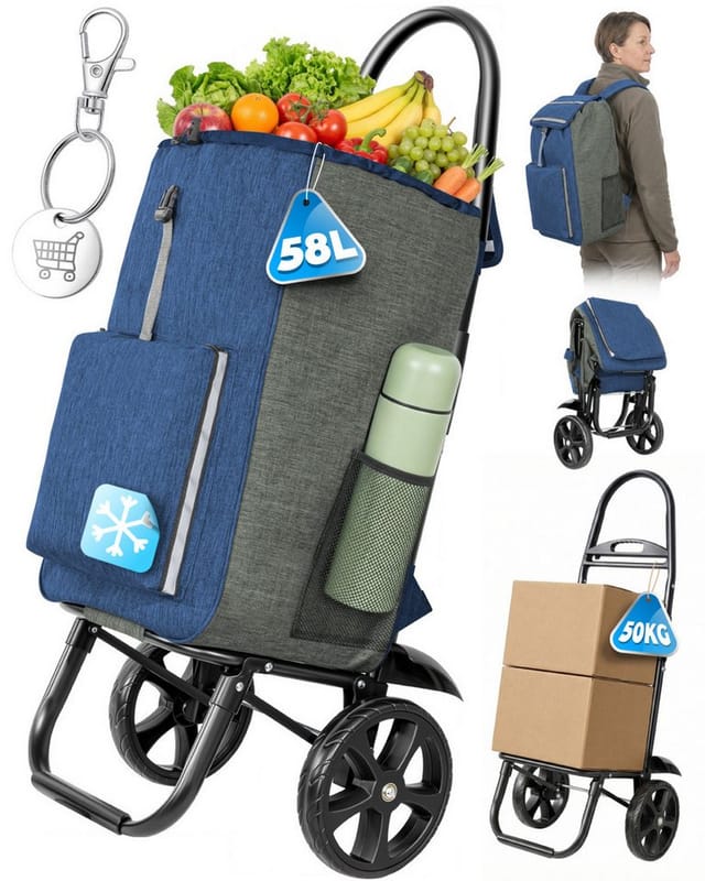 Homecall Einkaufstrolley Klappbar Einkaufswagen 4-in-1 Utility Trolley Mit Kühltasche-58l, Einkaufswagen, Rucksack & Tragetasche In Einem (blaugrau)