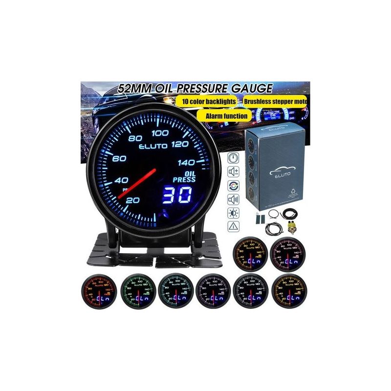 Universeller Öldruckanzeiger 2" 52mm 12v Mit Sensor, 10 Farben Led, Getöntes Zifferblatt, Psi