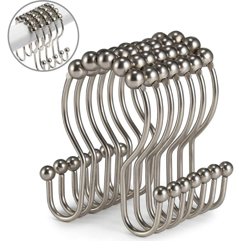 Duschvorhang-haken, 12 Duschvorhang-ringe, Edelstahl-rollen, Rostfrei, Ausgewogen, Gleitend, Sturzsicher Für Duschvorhänge Im Badezimmer (gebürstetes Nickel)