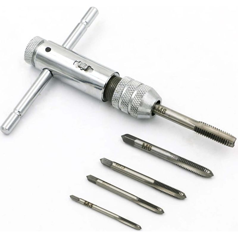 Ratschen-gewindebohrer-set Mit Verstellbarem T-griff Und Metrischen Stahl-gewindebohrern, Inkl. 1 T-griff Und 5 Gewindebohrer M3-m8 (3 Mm-8 Mm), Metrisches T-gewinde