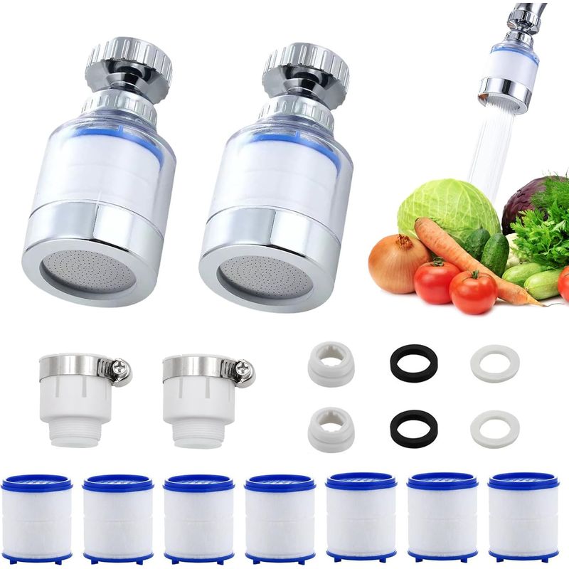 2 Stück Wasserhahnfilter Gegen Kalk, Kalkschutz-wasserhahnfilter, Wasserhahnfilter Mit 7 Pp-baumwoll-filterelementen, 360° Drehbarer Kalkwasserhahnfilter, Wasserhahn-wasserfilter