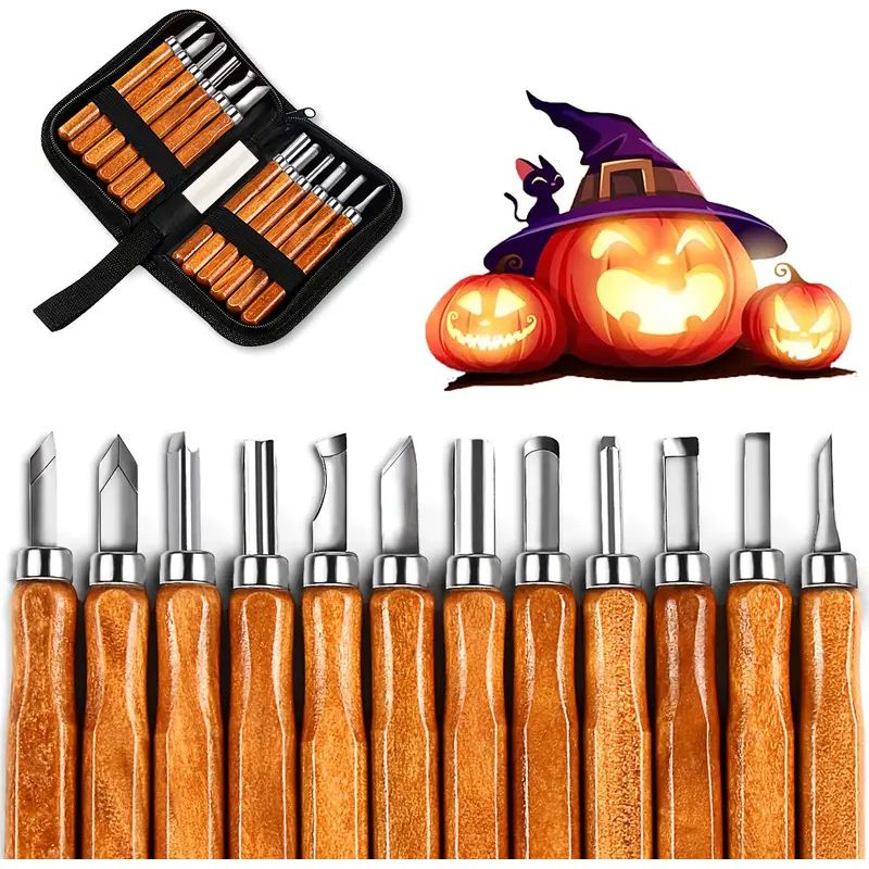 12-teiliges Set Aus Sk5-holzschnitzmessern Zum Schnitzen Von Geschenken, Kürbissen Und Handgefertigten Holzobjekten, Geeignet Für Anfänger Und Profis