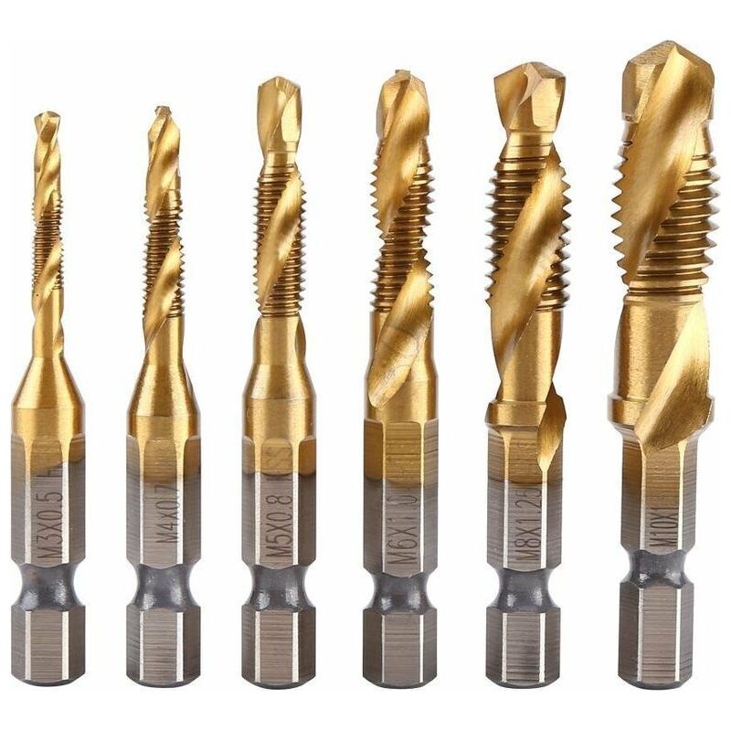 Satz Von 6 Gewindebohrern, Bohr-gewindebohrer, Metrisches Gewinde M3-m10 Mit Titanbeschichtung Aus Hss Und Gewindebohr-einsätzen Mit 1/4" Sechskantschaft Für Das Schneiden Verschiedener Gewinde.
