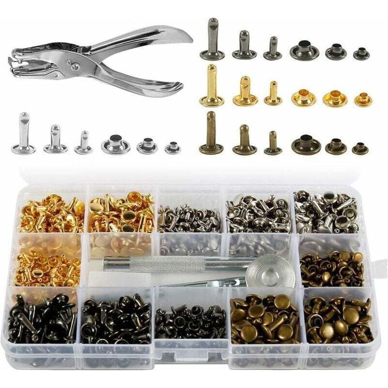350 Leder-nieten-set, Doppelkappe, Hohlnieten Aus Metall In 3 Größen Mit Lochzange Und 3 Befestigungswerkzeugen Für Lederreparatur, Ersatznieten Und Dekoration