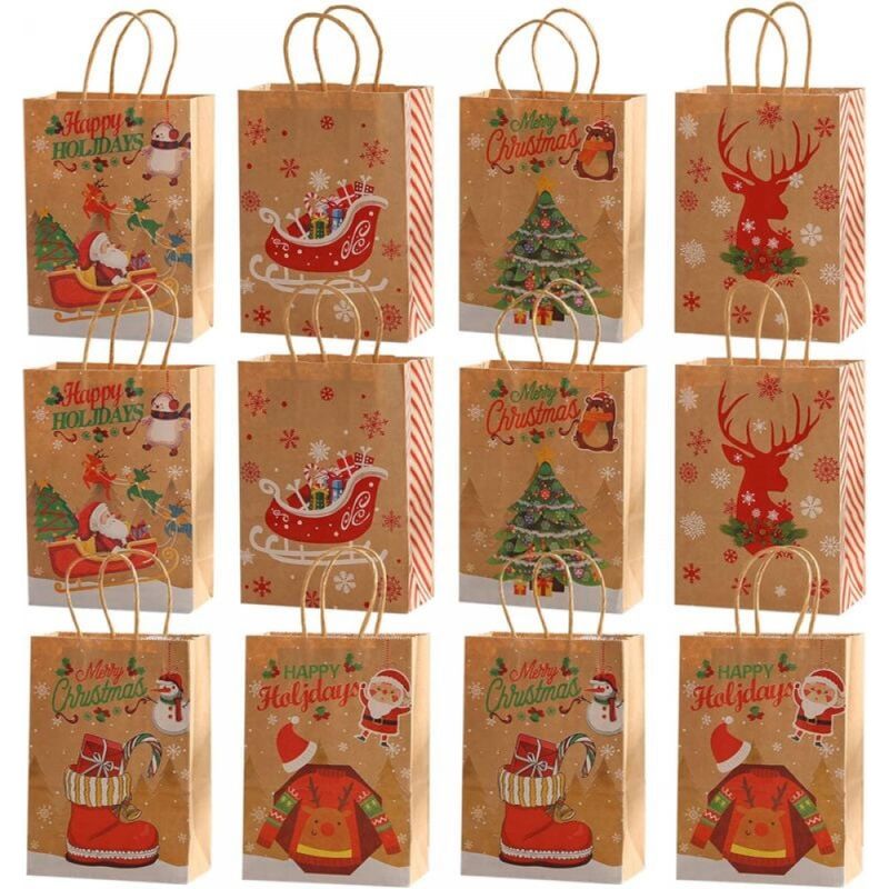 Weihnachtsgeschenktüten, 12 Stück Wiederverwendbare Geschenktüten Aus Kraftpapier Mit Griff, Papiertüten Für Weihnachtsgeschenke, Süßigkeiten Und Kekse