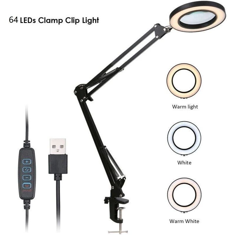 Erleuchtende Lupe Mit Led-clip – 5-fache Vergrößerung – Einstellbare Helligkeit In 3 Farben – Usb-stromversorgung – Flexibler Halter Zum Lesen