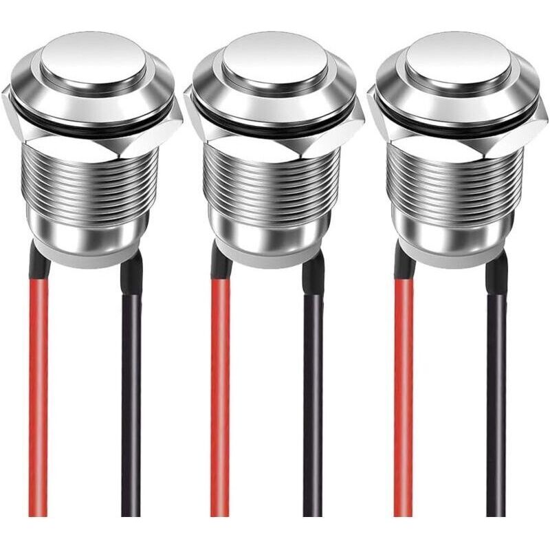 Satz Mit 3 Momentanen Drucktastern, 12 Mm, 2 A, 12 V/24 V/125 V/250 V, Wasserdicht, Aus Edelstahl, Ein/aus, Mit Gewinde (hoher Kopf)