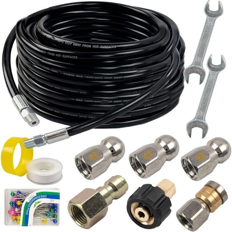 Abwasserstrahl-set Für Hochdruckreiniger, 15 M, Rohrreinigungsschlauch 6,35 Mm, Düse Mit 4,0er Öffnung Und Rotationsdüse Für Abwasser