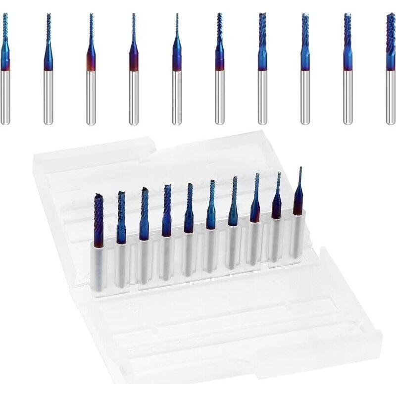 Nano-blue-beschichtete Cnc-fräser-schaftfräser, 1/8-zoll-schaft, 10er-pack Von 0,8 Bis 3,175 Mm Für Hartholz, Kohlefaser, Leiterplatten Und Smt