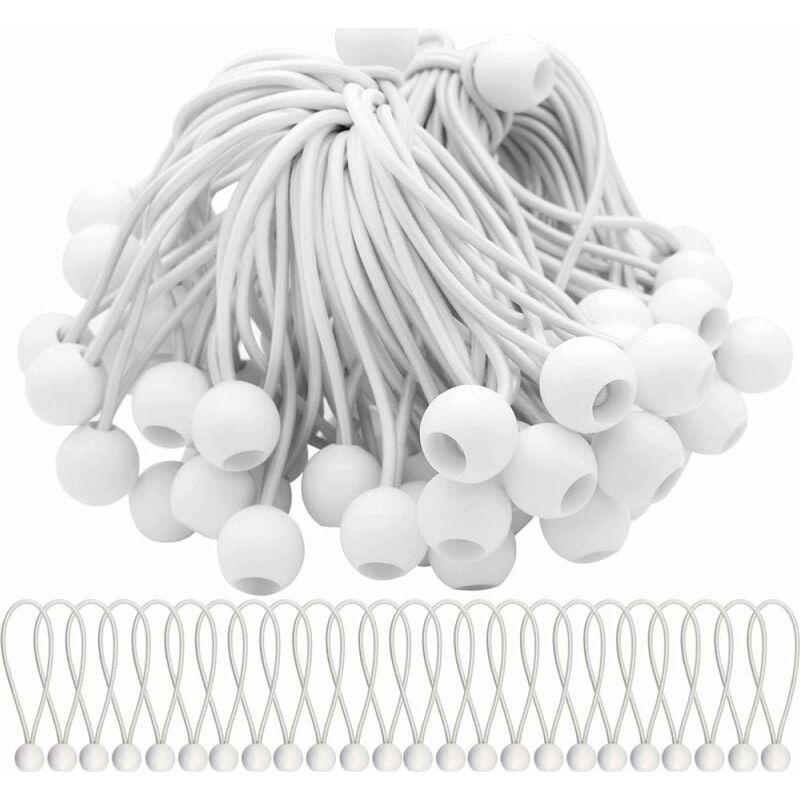 Packung Mit 50 Weißen Gummiseilen, 150 Mm, Elastisches Seil Mit Kugel, Dehnbare Gummikugeln Für Festzelte, Zelte, Banner Und Planen