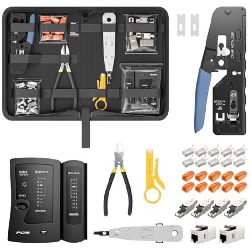Netzwerk-werkzeugset, Durchgehende Rj45-crimpzange Für Cat7-, Cat6- Und Cat5-kabel Mit 4 Werkzeuglosen Cat7-netzwerksteckern, 10 Rj45-steckern, Lsa-auflegewerkzeug, Tester