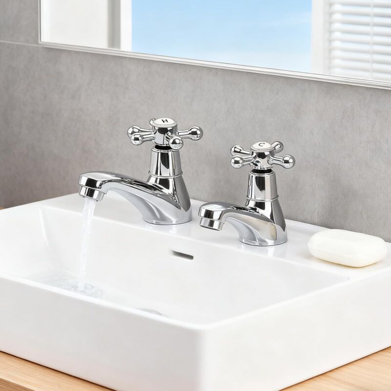 2er-set Waschbeckenarmaturen Für Das Badezimmer – Für Warm- Und Kaltwasser – Mit Kreuzgriff – Für Badezimmer Und