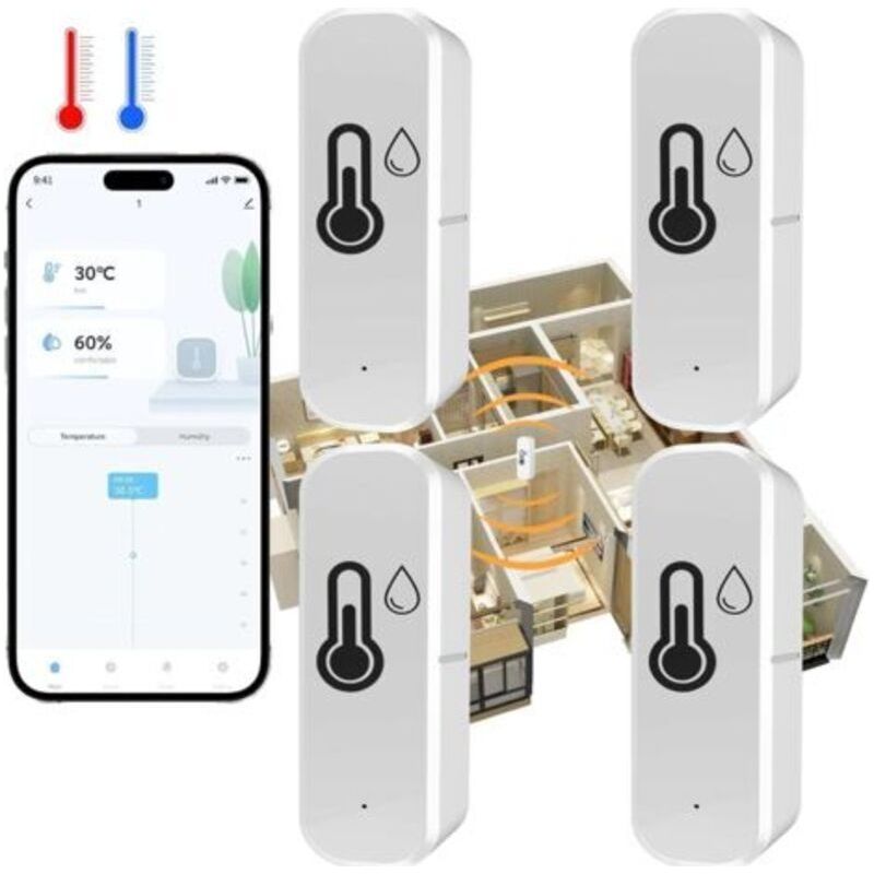 Wlan-thermometer Und Hygrometer Zur Überwachung Der Innen- Und Außentemperatur Sowie Luftfeuchtigkeit, Funktioniert Mit Der Smart Life/tuya-app, Kompatibel Mit Google Home Und Alexa, 4 Stück
