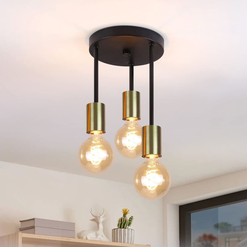 Hängeleuchte Mit 3 Lichtern, Vintage E27 Schwarz Und Gold Mit 3 Spots - Moderner Industrieller Kronleuchter Für Esszimmer, Flur, Wohnzimmer, Bar, Restaurant [energieeffizienzklasse A]