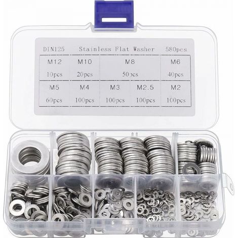 Edelstahl-unterlegscheiben Mit Aufbewahrungsbox (580er Set) – Sortiment In 9 Größen: M2, M2.5, M3, M4, M5, M6, M8, M10 & M12 – Metall-unterlegscheiben-set Für Reparaturen, Industrie Und Innendekoratio
