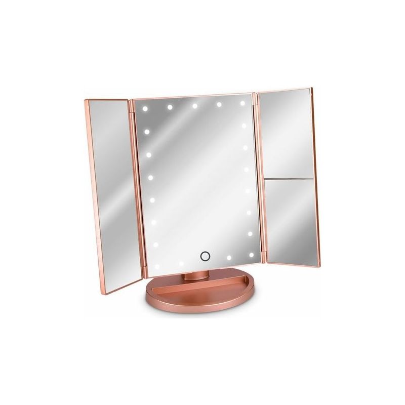 Led-schminkspiegel Mit 3 Seiten Zum Aufstellen - Faltbarer Dreiteiliger Standspiegel Mit 2x Und 3x Vergrößerungseffekt - Batterie- Oder Usb-betrieben - Roségold