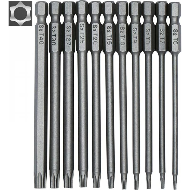11-teiliges Set Mit Langen Schraubendreherbits - Magnetische Bits - 1/4" Sechskantschaft - Größen T6 Bis T40 - Länge 100 Mm