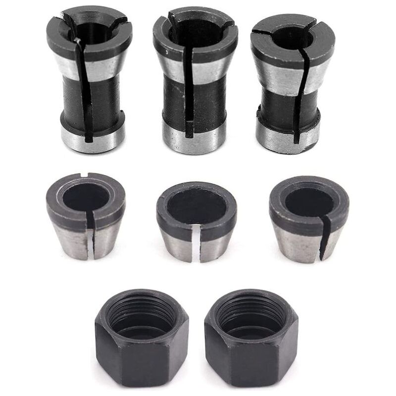 Satz Von 6 Hochpräzisen Stahl-spannzangen Für Oberfräsen - 6 Mm, 6,35 Mm, 8 Mm + 2 Muttern