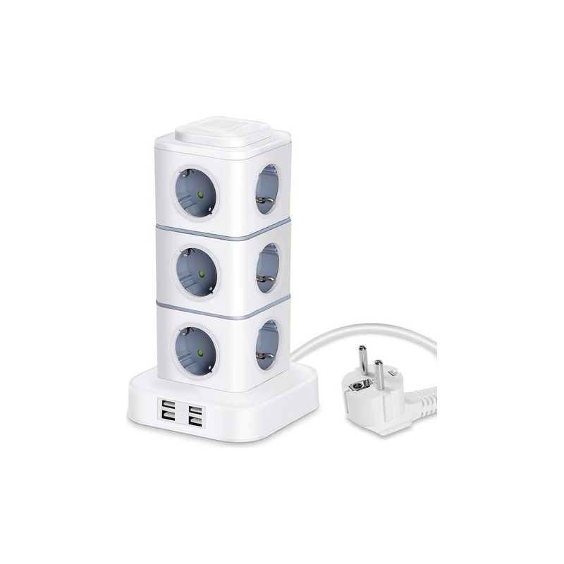 Tour Multiprise, 12-fach Steckdosenleiste (2500w / 10a) Mit 4 Usb-anschlüssen, Vertikale Mehrfachsteckdose Mit Überspannungsschutz Für Zuhause Und Büro, 3m Verlängerungskabel