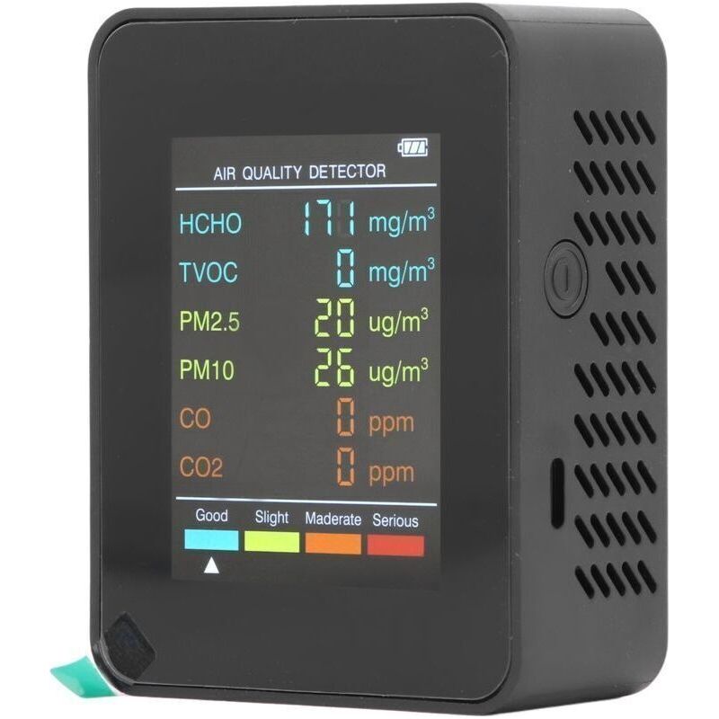 Tragbarer Luftqualitätsmonitor Mit Hintergrundbeleuchtetem Lcd-bildschirm, Co2-, Tvoc-, Hcho-, Pm2.5- Und Pm10-detektor Mit Alarm, Schwarz
