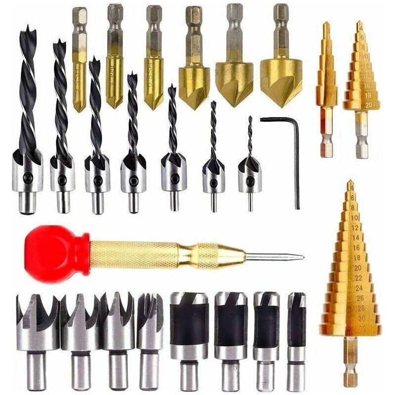 26 Bohrwerkzeuge Für Die Holzbearbeitung, Darunter 6 Senkbohrer, 7 Dreispitzenbohrer Mit L-schlüssel, 8 Holzstopfenschneider, 3-stufige Bohrer Und Automatische Bohrgeräte
