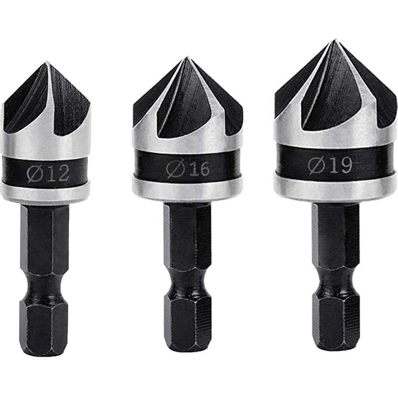 3-teiliges Set 90-grad-ansenfräser, 5-flütig, Konisch Mit Senkung, 12 Mm/16 Mm/19 Mm, 1/4-zoll-sechskant-schaft, Fräser Aus Kohlenstoffstahl Für Holzbearbeitung