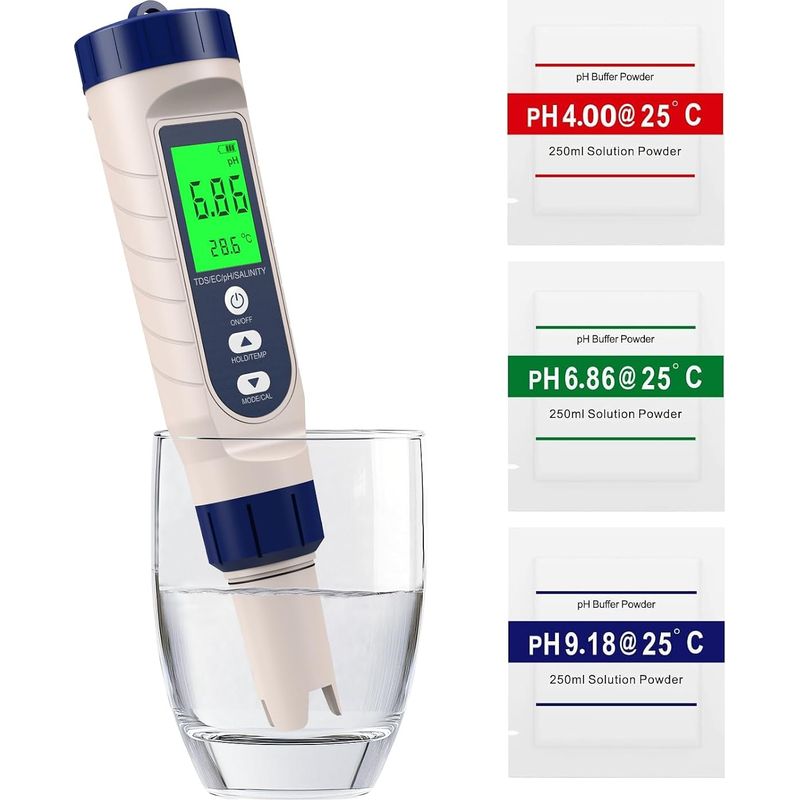 5-in-1 Ph-meter, Ph, Tds, Leitfähigkeit, Salzgehalt, Thermometer, Ph-tester Für Schwimmbäder Mit Hintergrundbeleuchtetem Lcd-bildschirm Und Temperaturkompensation