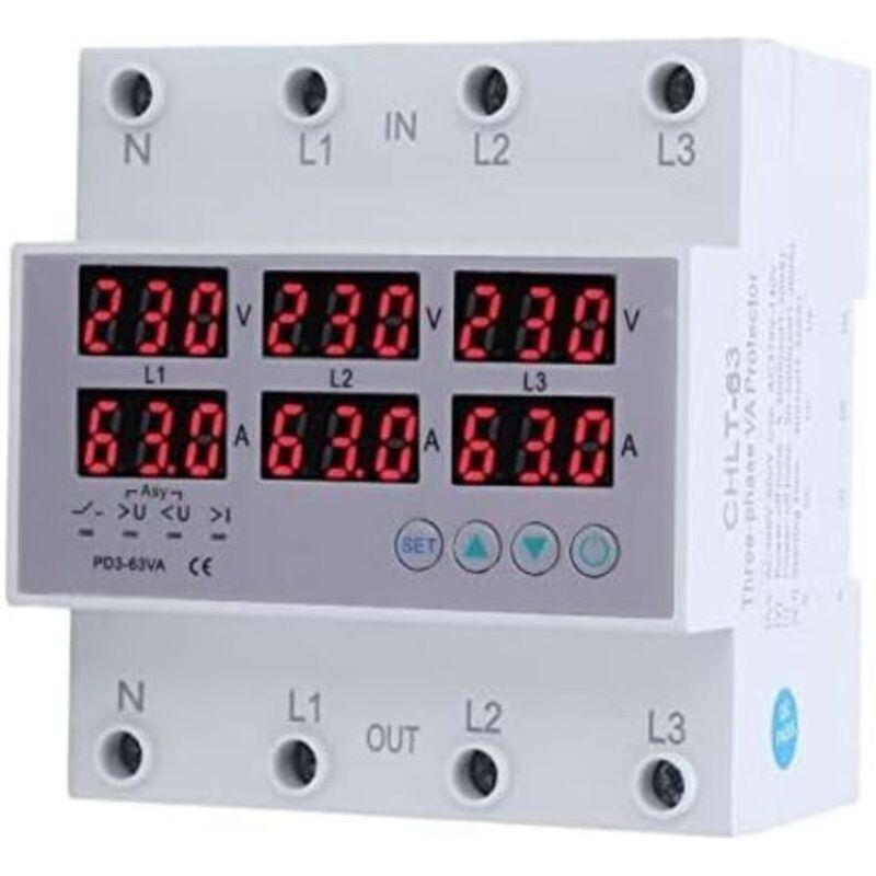 Ac390‑500v 3-phasen Hutschienen-voltmeter Amperemeter Überspannungs- Und Überstromschutz Mit Automatischer Rücksetzung, Digitalanzeige Für Echtzeit-spannung, Strom Und Zeit (40a)