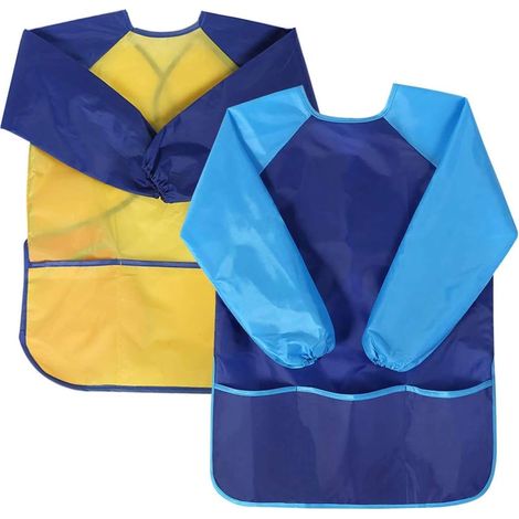 2 Stück Kinder-malbluse, Wasserdichter Kinderschürze, Langärmelige Schürze Für Kinder Mit 3 Taschen Für Schule, Aktivitäten, Malen, Kochen, Ausmalen, Füttern