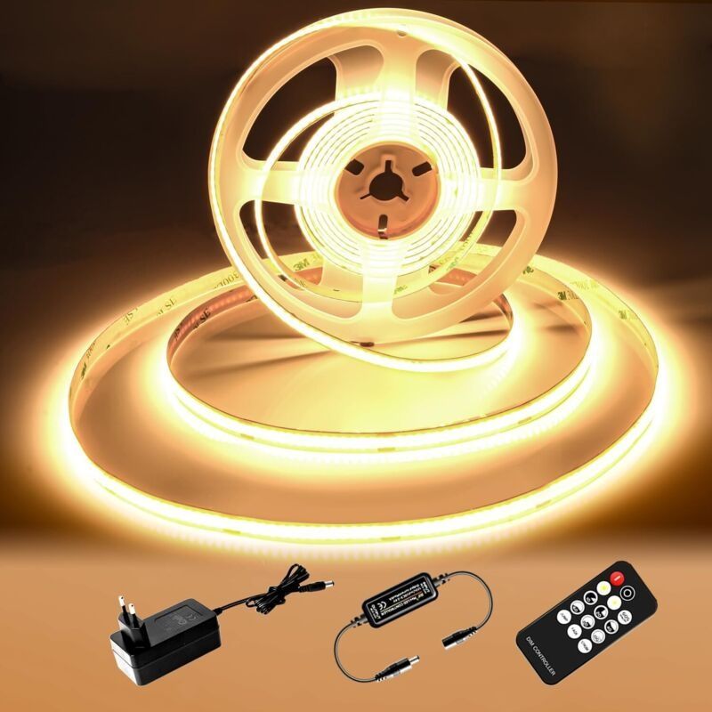 Ruban Led Cob 2m, Warmweißes Led-band 3000k, Dimmbares 24v Cob-led-band, Cri92, Breite 8mm, Mit Fernbedienung Und Netzteil, Für Dekoration, Zuhause, Küche, Spiegel