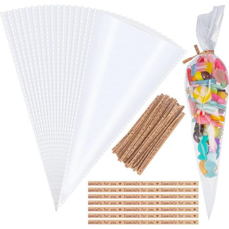 Sachet Bonbon, 100 Stück Cellophan-kegeltüten Für Süßigkeiten, Transparente Kegeltüten, Geschenktüten Für Geburtstag, Party, Schokolade, Candy, Kekse, Seife, Kabelbinder Zur Abdichtung, 13 X 25 Cm