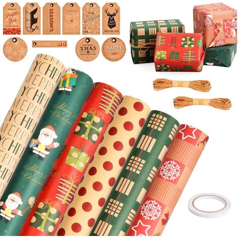 6er-set Weihnachtsgeschenkpapier, 50 X 70 Cm, Recyceltes Kraft-geschenkpapier, Weihnachtsgeschenkpapier, Geschenkpapier Mit Jute-kordeln Und Weihnachtsanhängern
