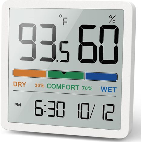 Innenthermometer Und -hygrometer Mit Temperatur- Und Feuchtigkeitsüberwachungsfunktionen Sowie Uhr (weiß).