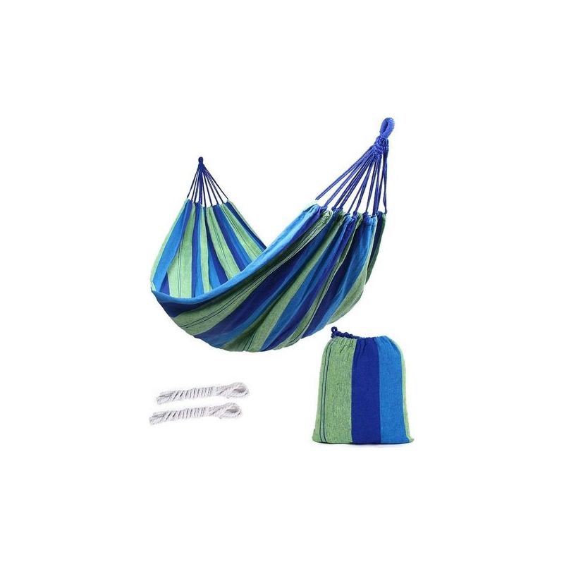 Hängematte, 260 X 100 Cm, Doppel, Tragkraft 300 Kg, Für Terrasse, Balkon, Garten, Außenbereich, Camping, Mit Transporttasche, Gurten Und Karabinern, Blaue Streifen
