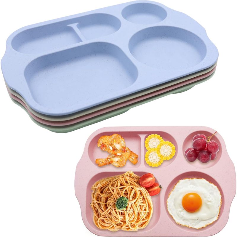4er-set Unzerbrechliche Kunststoffteller Mit 5 Fächern, Mikrowellen- Und Spülmaschinengeeignet, Ideal Für Picknicks Und Diäten, In Grün, Rosa, Beige Und Blau