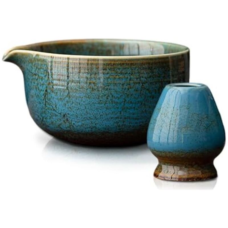 Blaues Matcha-teeservice, 2-teilig, Bestehend Aus Einer Chawan-schale (510 Ml) Und Einem Keramikständer Für Den Schneebesen. Minimalistische Accessoires Für Zuhause, Büro Oder Als Geschenk.