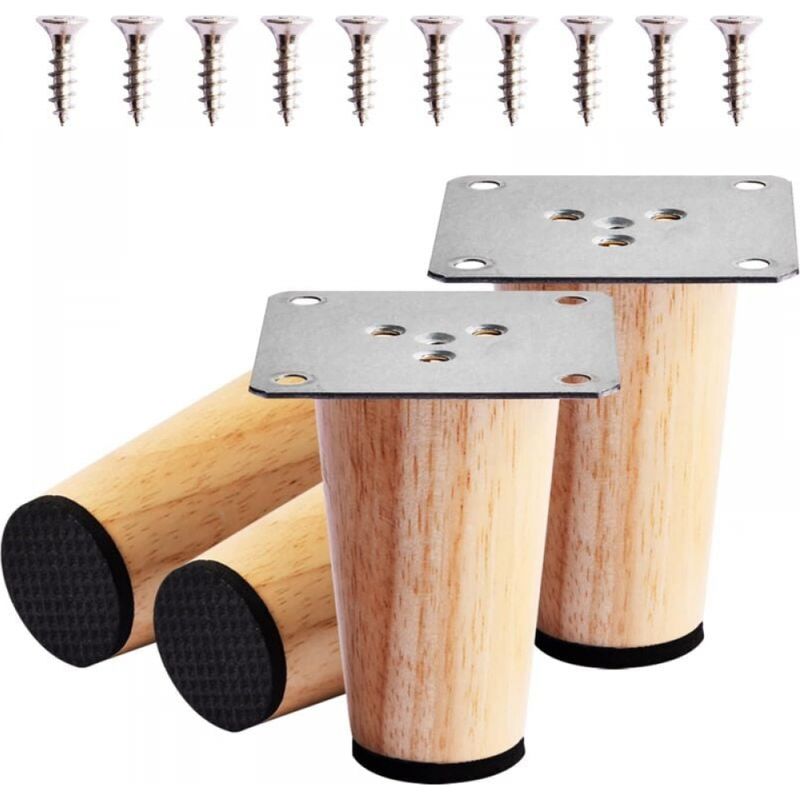 4 Stück 8 Cm Möbelbeine Aus Holz, Ersatzfüße Für Sofa Aus Massivholz Mit Montageplatte, Schrauben Und Rutschfesten Pads, Tischbeine Aus Holz Für Bett, Schrank, Stuhl, Sessel Und Möbel