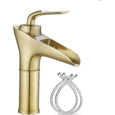 Kaskaden-waschbeckenarmatur, Gebürstete Goldfinish, Messing, Warm- Und Kaltwasserhahn, Kaskadenauslauf, Einlochmischer.