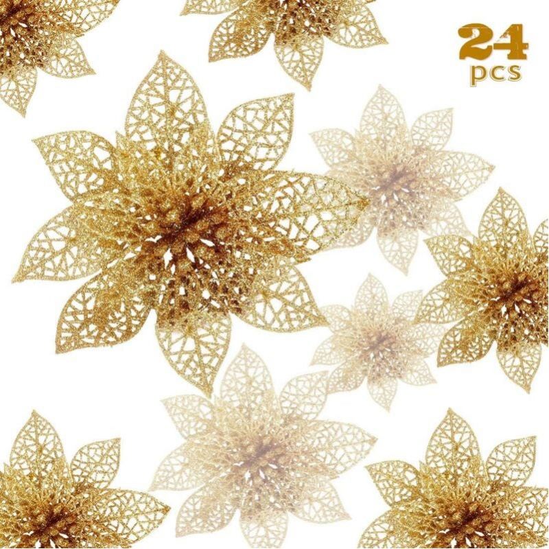 Fleurs De Noël, 24 Glitzernde Weihnachtsblumen, Hohle Glitzernde Weihnachtsblume, Künstliche Poinsettien Für Den Weihnachtsbaum, Dekoration Und Ornament, Dekoration Für Hochzeit, Party, Weihnachten (g