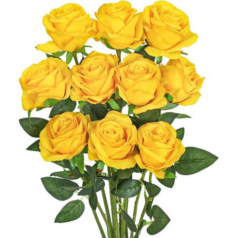Set Aus 10 Künstlichen Seidenrosen Mit Langem Stiel Für Hochzeitssträuße, Tischdekoration Oder Innendekoration (gelb)