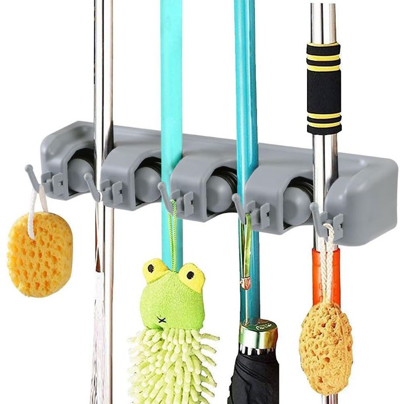 Multifunktionaler Wandbesenhalter, Kleiderbügel-aufbewahrungsständer Für Küche, Garage, Waschküche (4 Fächer Und 5 Haken)