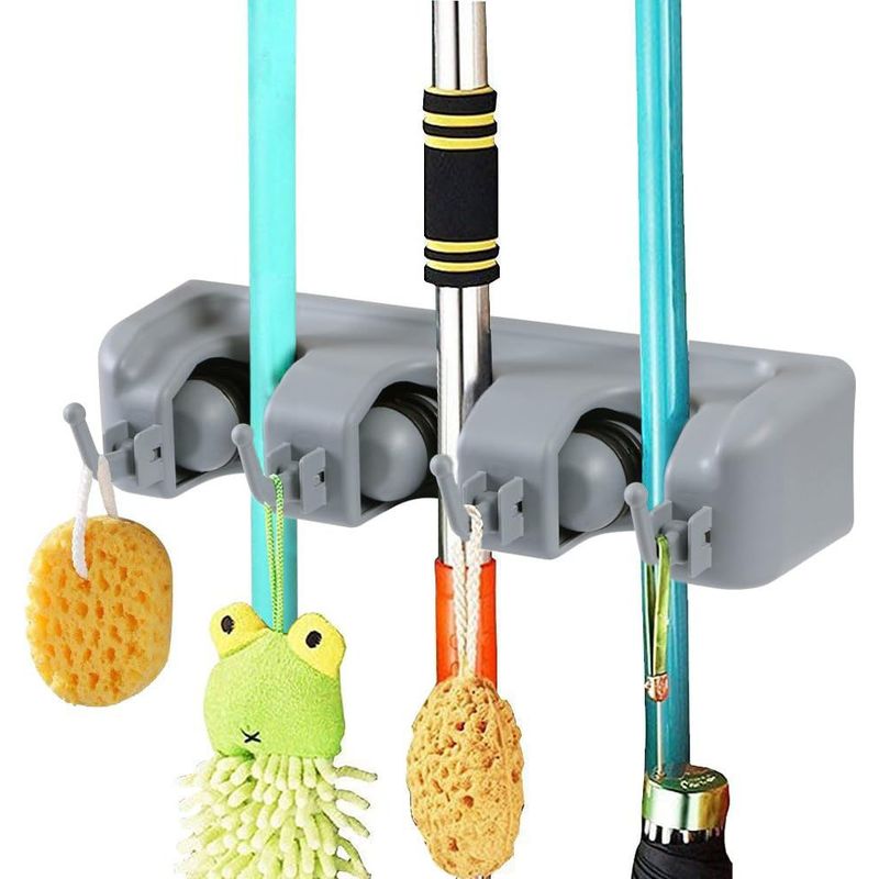 Multifunktionaler Wandbesenhalter, Kleiderbügel-aufbewahrungsständer Für Küche, Garage, Waschküche (3 Fächer Und 4 Haken)