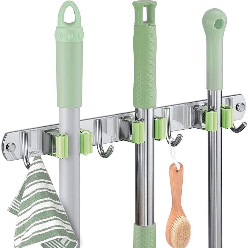Porte Balai Mural, Aus Edelstahl, Besenhalter Mit 3 Clips Und 4 Haken, Wandorganizer Für Küche, Garten, Balkon, Garage (schrauben Und Klebeband Enthalten) - Grün