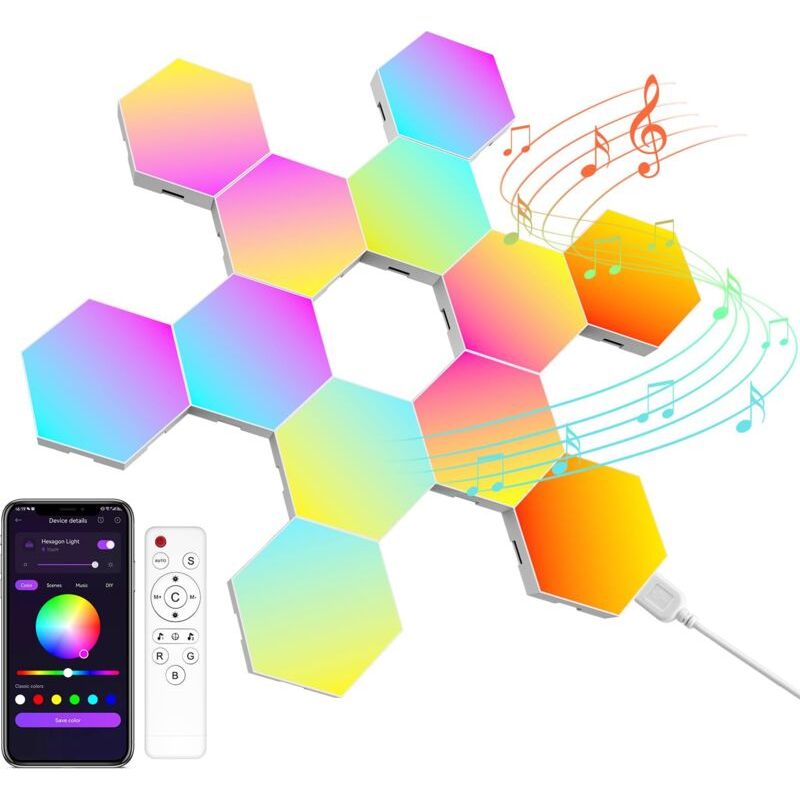 Hexagonale Led-wandleuchte Für Gaming – 12er Set, Intelligente Musik-synchronisation, Modulare Rgb-dekoleuchten, App- Und Fernbedienungssteuerung, Kreatives Hexagon-gaming-setup, Wandapplikationen [en