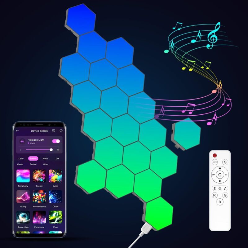 Hexagonale Led-wandleuchte Für Gaming - 20er Set, Intelligente Musik-synchronisation, Modulare Rgb-dekoleuchten, App- Und Fernbedienungssteuerung, Kreative Wandapplikationen Für Gaming-setup [energiee