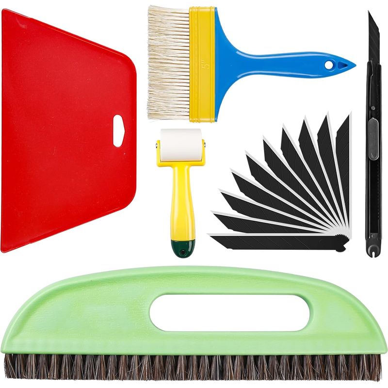 Set Aus 6 Tapezierwerkzeugen, Komplettes Kit Inklusive Tapezierbürste, Tapezierwerkzeugen, Rollen, Schneidewerkzeug, Tapetenglätter, Tapetenset Für Selbstklebende Folie