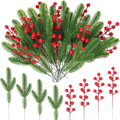 50 Stück Künstliche Tannenzweige Und Rote Beerenzweige, Künstliche Grünspitzen, Weihnachtsbeerendeko