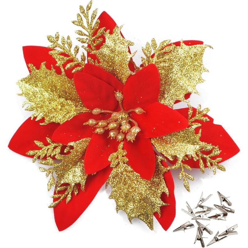 Set Aus 10 Glitzernden Weihnachtsblumen (14 Cm) Mit 10 Künstlichen Weihnachtssternen Für Den Weihnachtsbaum, Rot