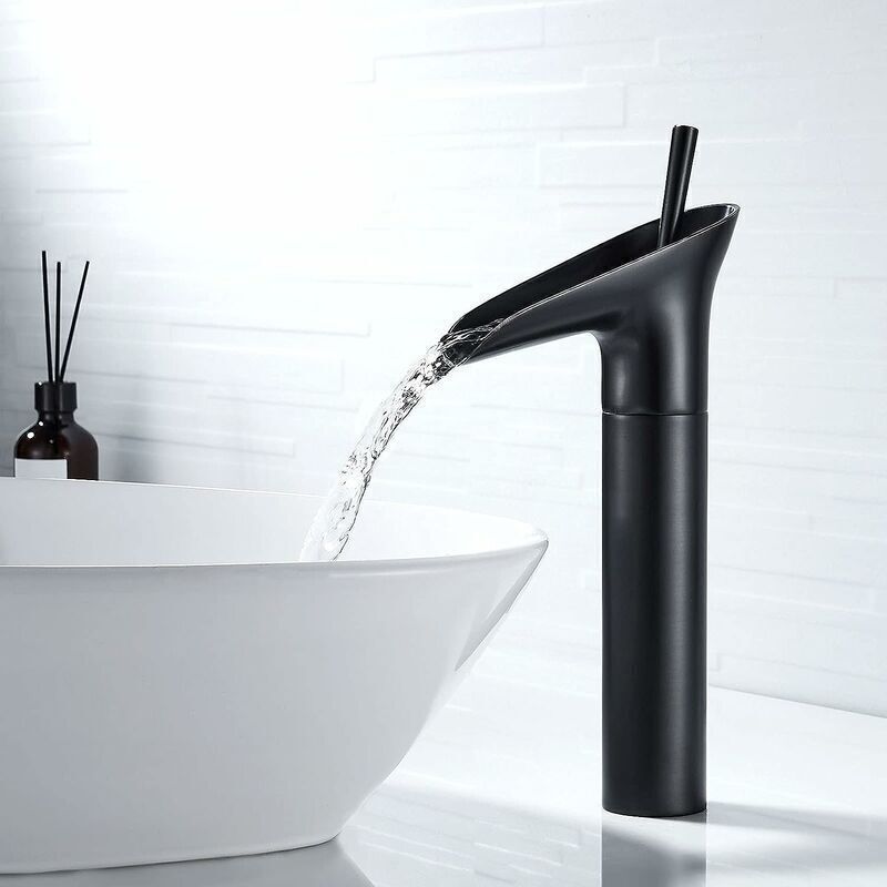 Schwarzer Badezimmer-wasserhahn, Kaskaden-wasserhahn, Einhebel-mischer, Retro Schwarzer Waschtisch-wasserhahn, Hoher Messing-aufsatzwasserhahn, Waschbecken-wasserhahn